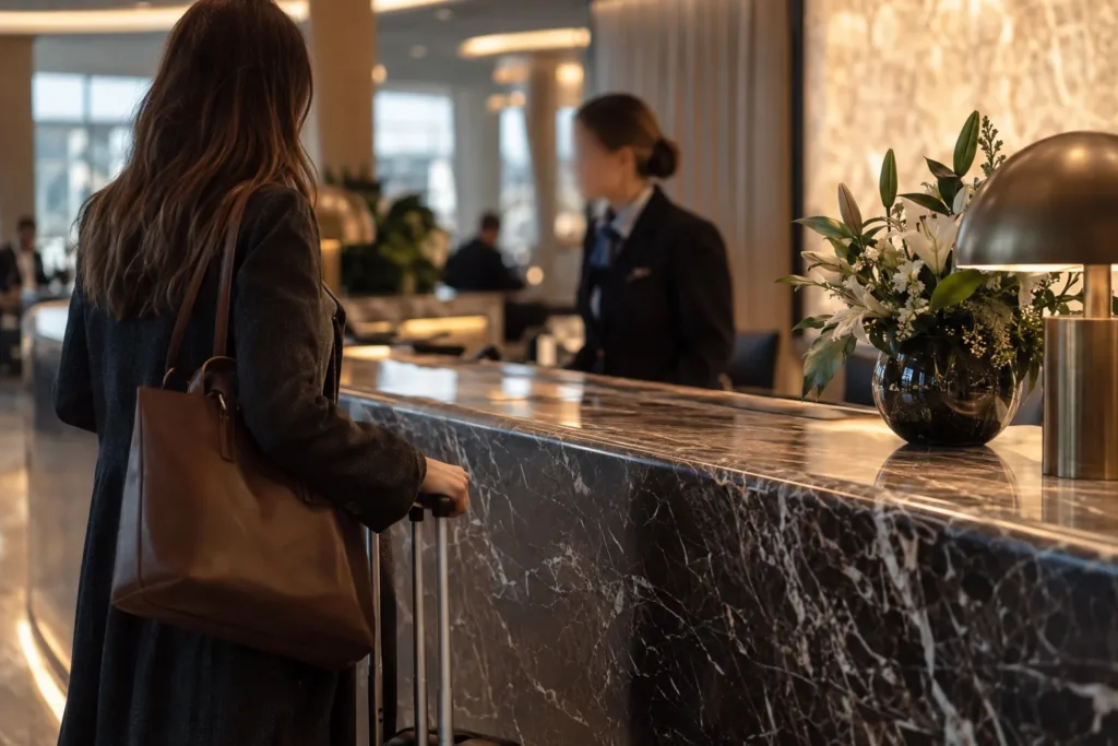 Havalimanı VIP karşılama bankosu; mermer tezgah ve taze çiçek