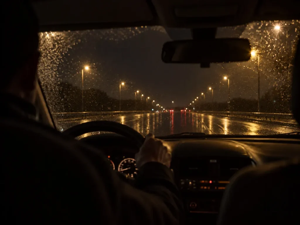 Araç içinden gece yağmurunda yol görünümü ve şoförün direksiyondaki eli