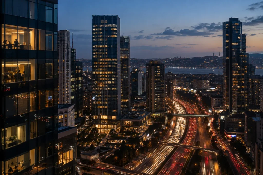 Mavi saatte iş kuleleri ve aşağıda akan şehir trafiği