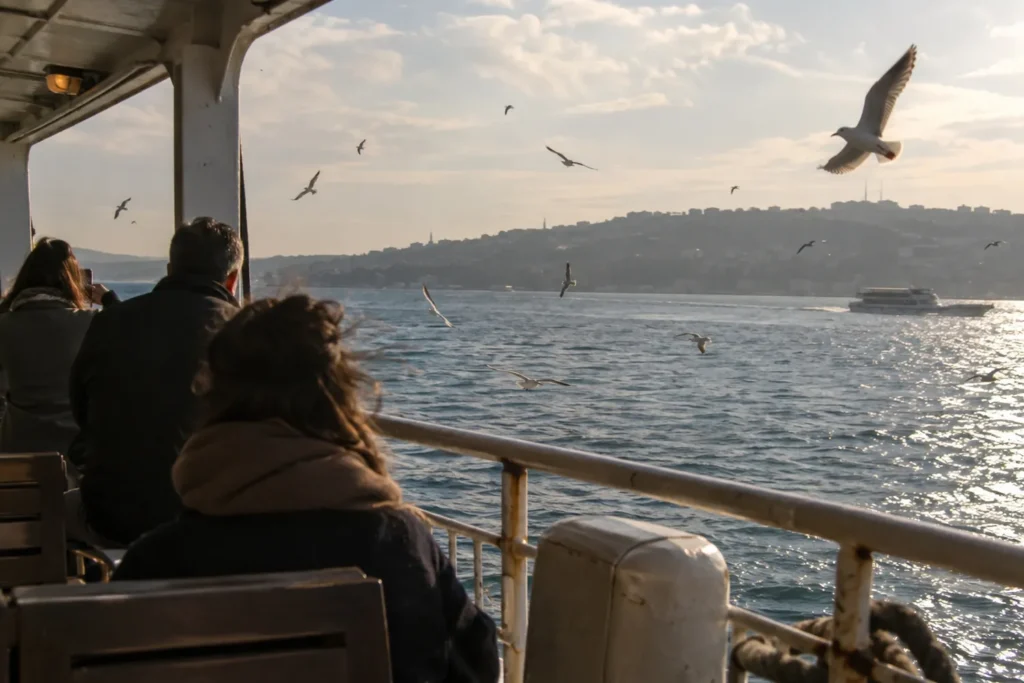Vapur güvertesinden Boğaz manzarası, martılar ve karşı yaka