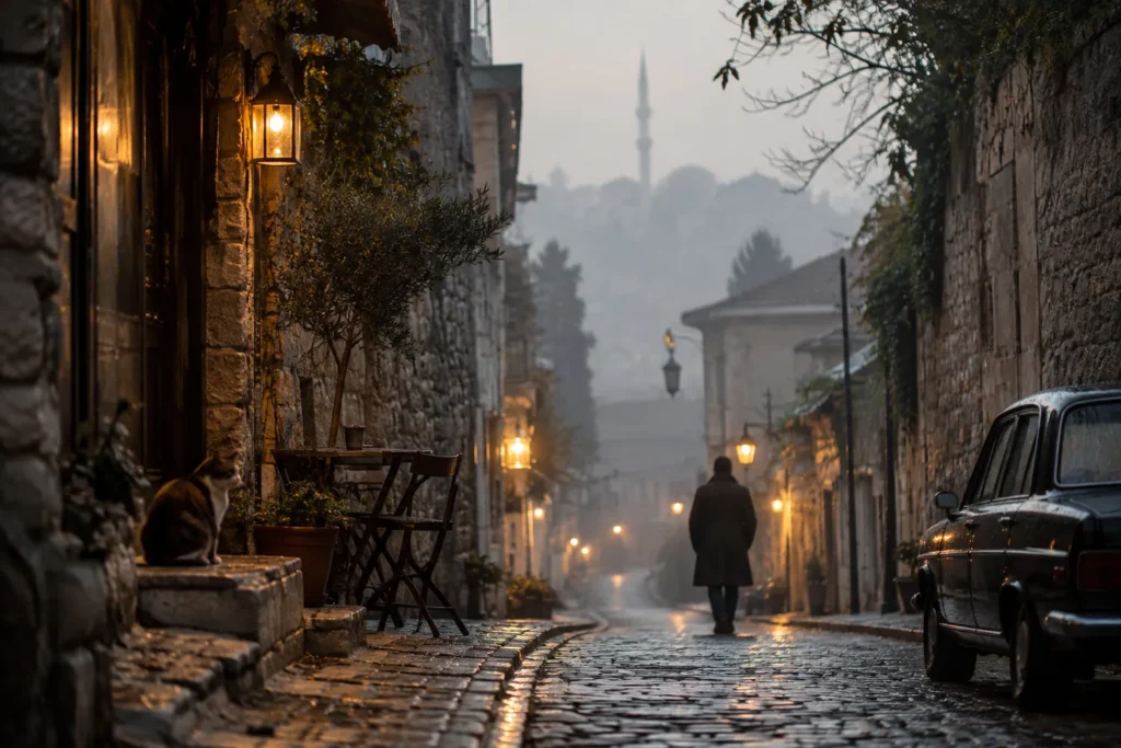 Sabah sisinde Sultanahmet'te taş döşeli sokak ve uzakta minare