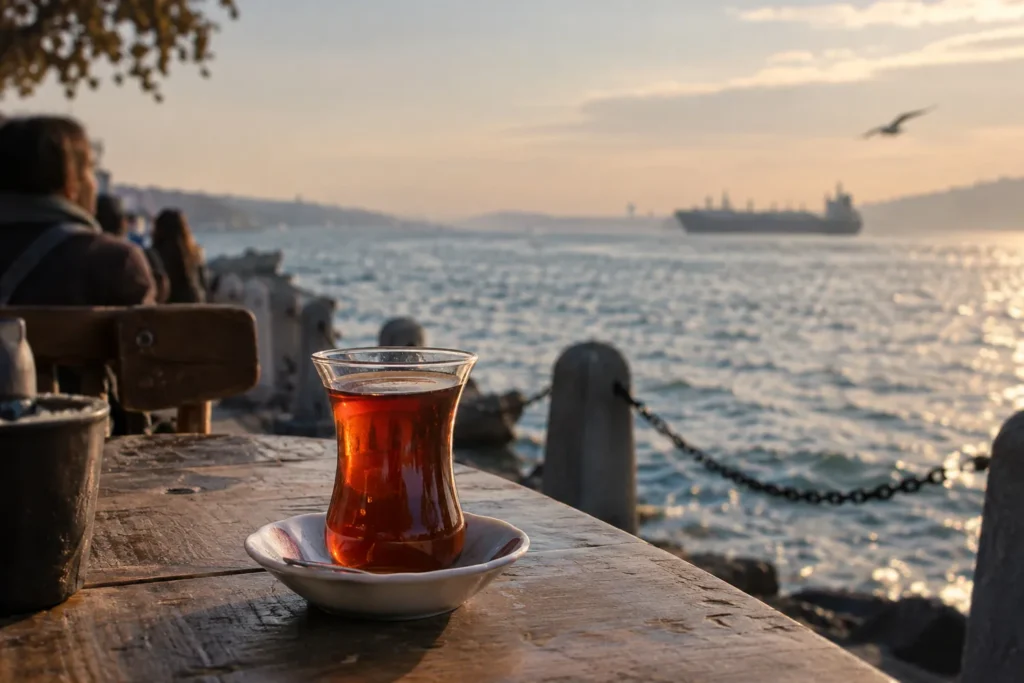 Boğaz kıyısında ince belli bardakta Türk çayı, uzakta geçen gemi