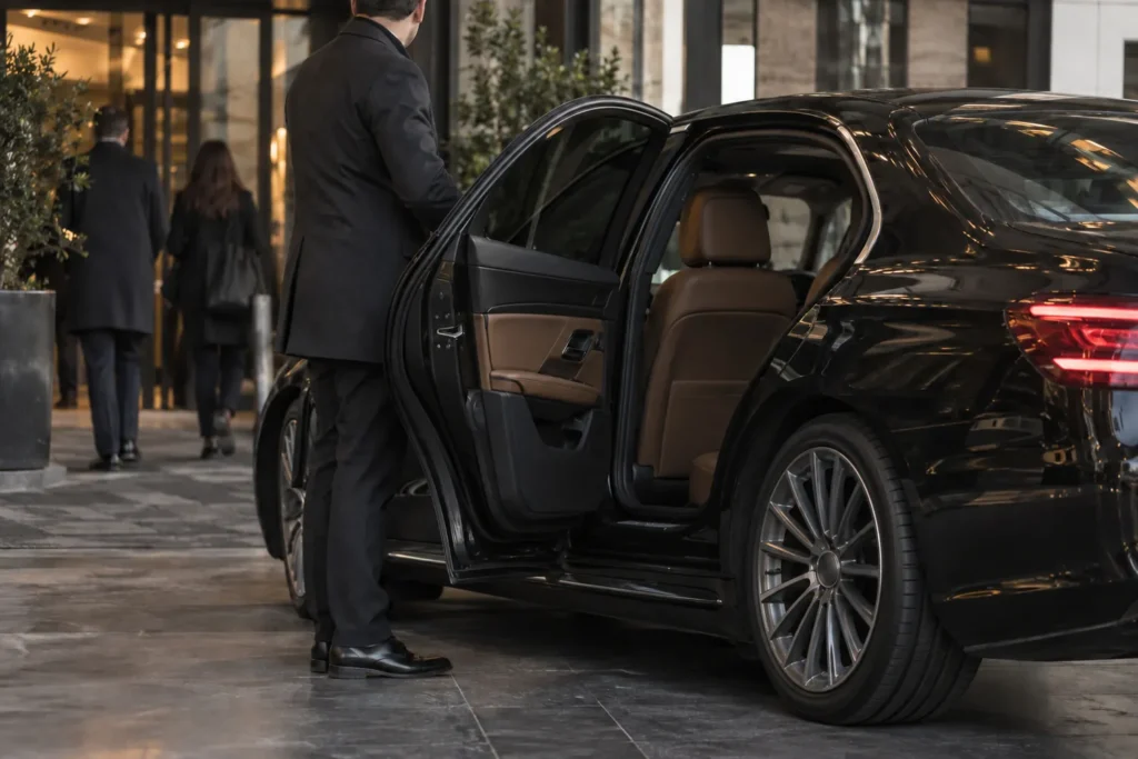 Şoför, iş merkezi önünde siyah Mercedes E-Serisi'nin arka kapısını açıyor