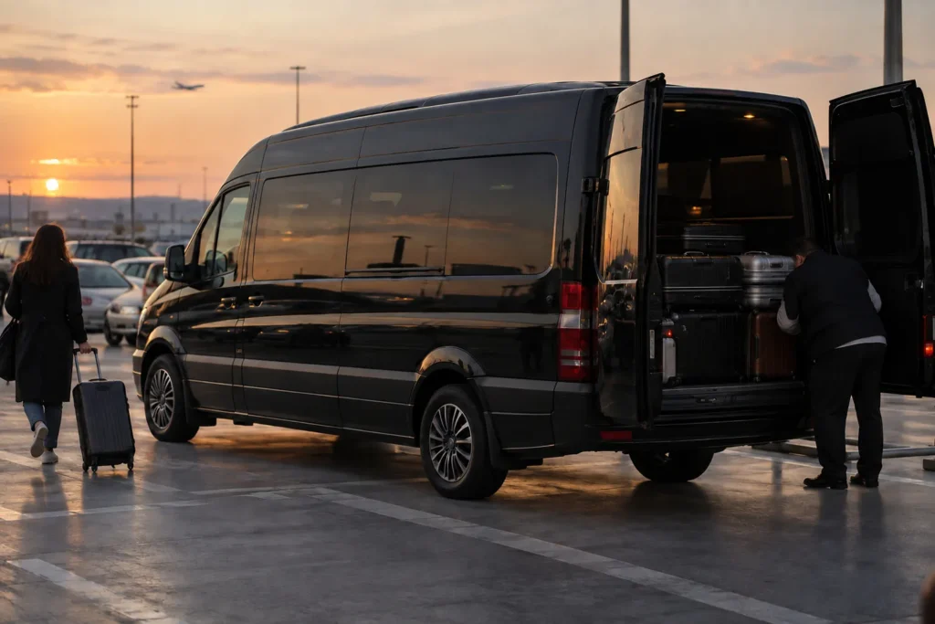 Gün batımında bagajı açık siyah Mercedes Sprinter VIP ve valizler