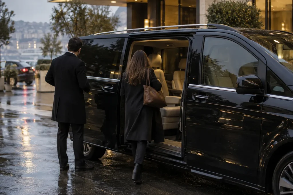 Yağmurlu akşamda siyah Mercedes V-Class VIP Vito'ya binen yolcular