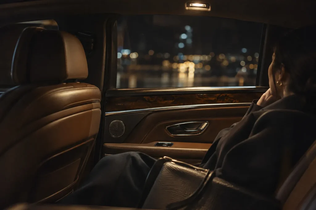 Rolls-Royce Ghost arka kabini, deri döşeme ve gece şehir ışıkları