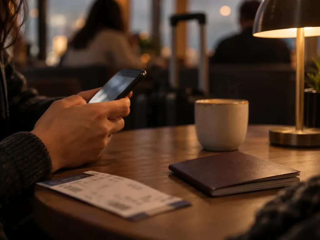 Telefonundan uçuş ve adres bilgisini ileten yolcu; masada defter ve kahve